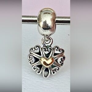 Authentic Pandora Silver & 14k Gold Two Tone Filled With Love Heart Dangle Charm